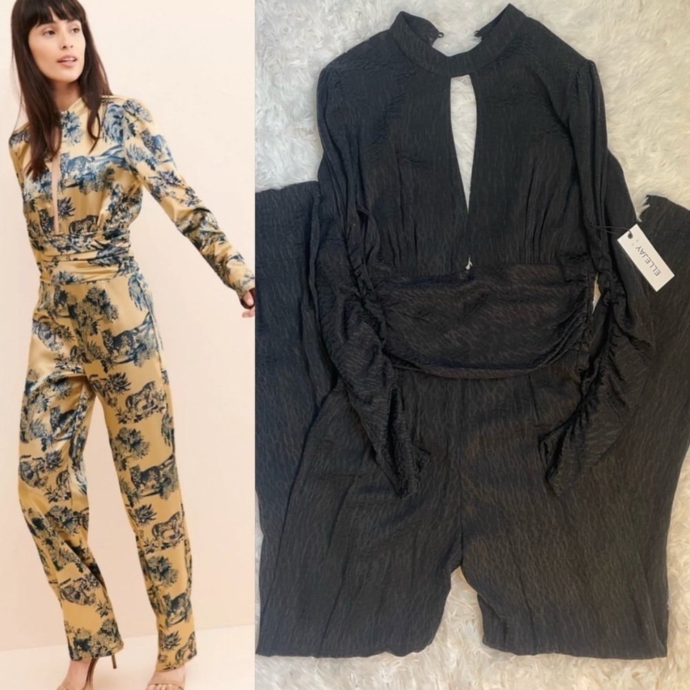 Ellejay Ashley fitted deep neck ruched waist Jumpsuit black animal print size 2